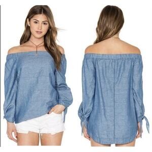 Free People Show Me Some Shoulder Top Sz S Chambray Linen Blend Relaxed Fit Boho